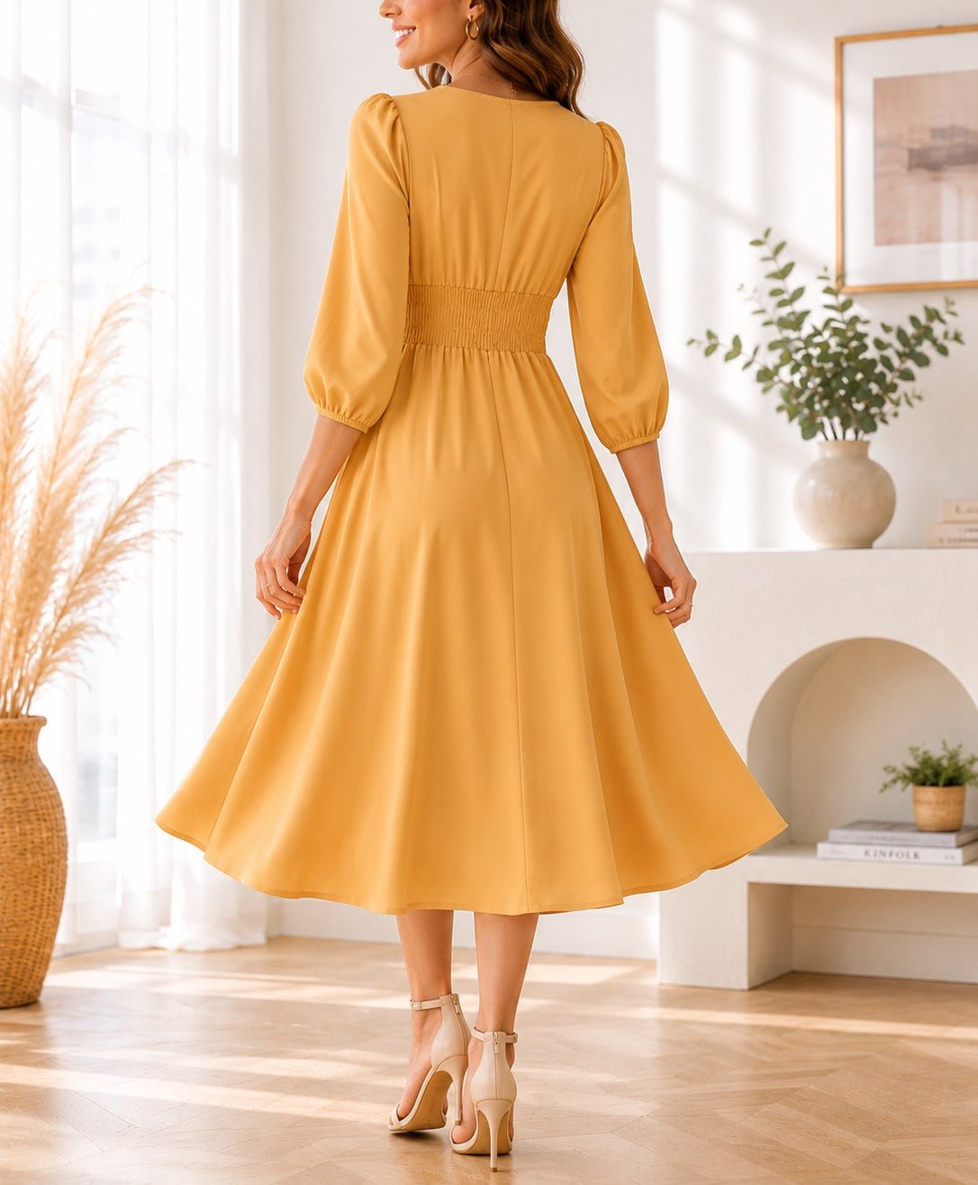 Ladies Mustard Smocked Waist Band Midi Dress - StylePhase SA