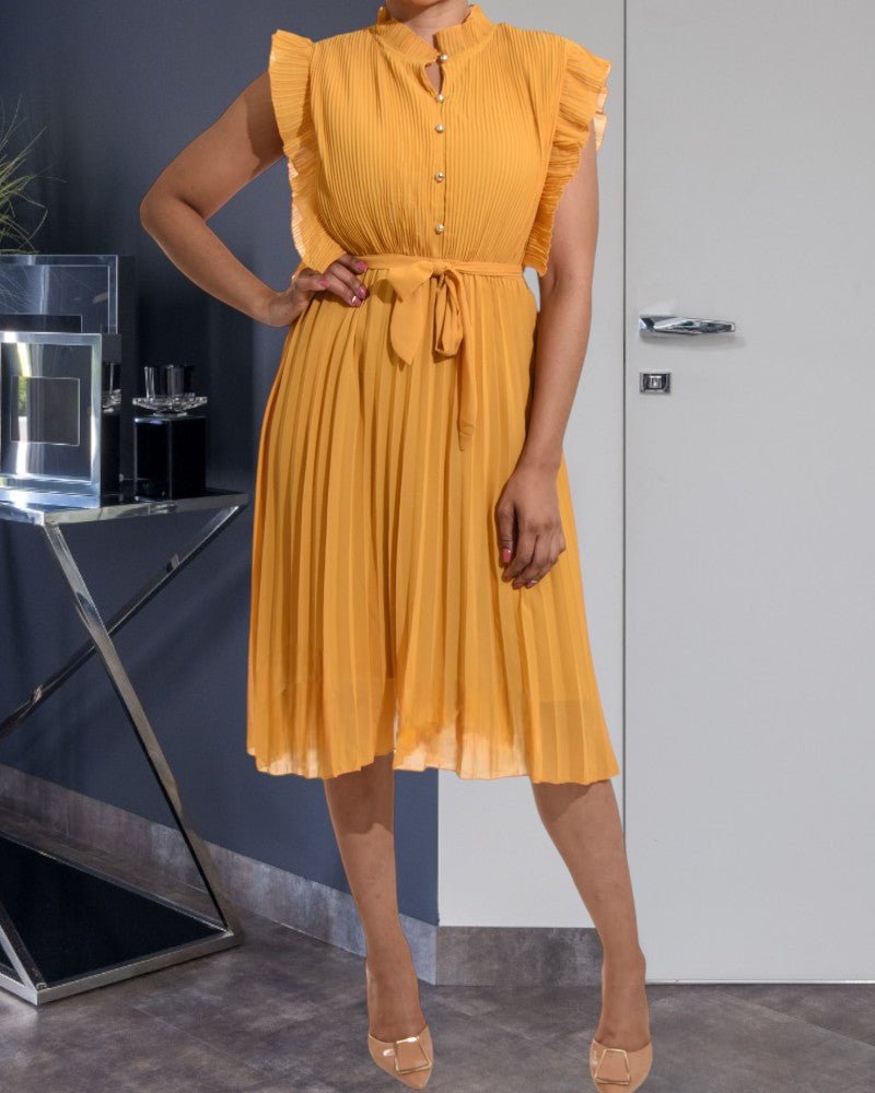 Ladies Mustard Vintage Chiffon Pleated Dress - StylePhase SA