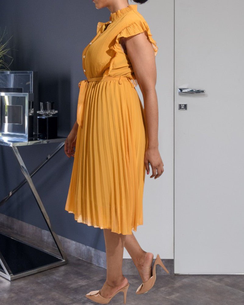 Ladies Mustard Vintage Chiffon Pleated Dress - StylePhase SA