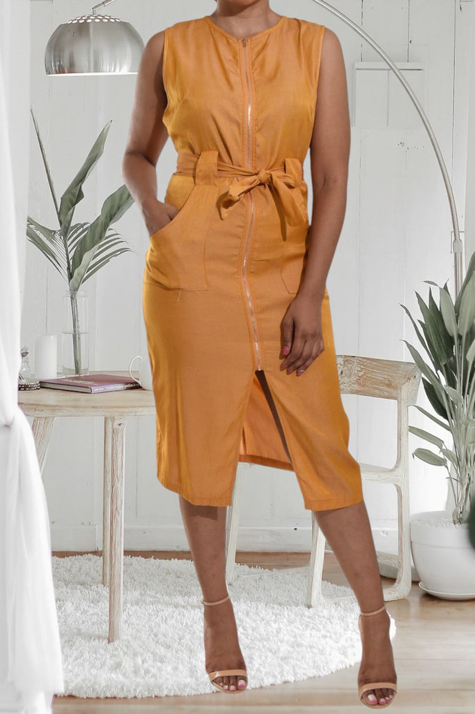 Ladies Mustard Zip Front Tie Dress - StylePhase SA