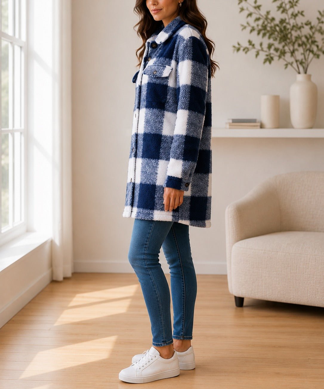 Ladies Navy And White Check Pattern Plush Top - StylePhase SA