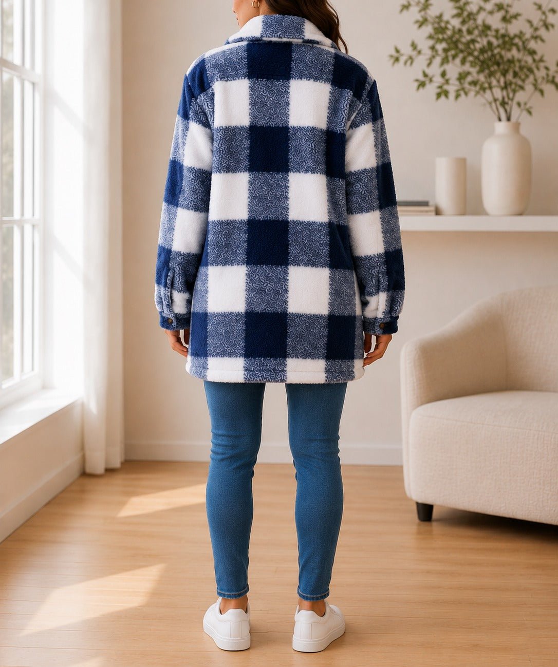 Ladies Navy And White Check Pattern Plush Top - StylePhase SA