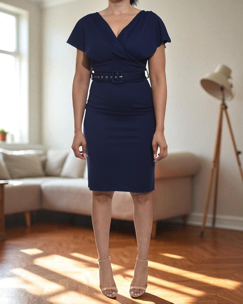 Ladies Navy Belt Zip Back Dress - StylePhase SA