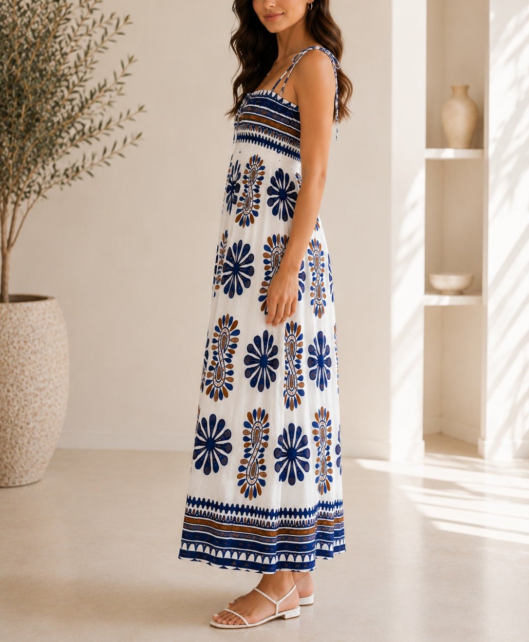 Ladies Navy Botanical Print Tie Sleeve Dress - StylePhase SA