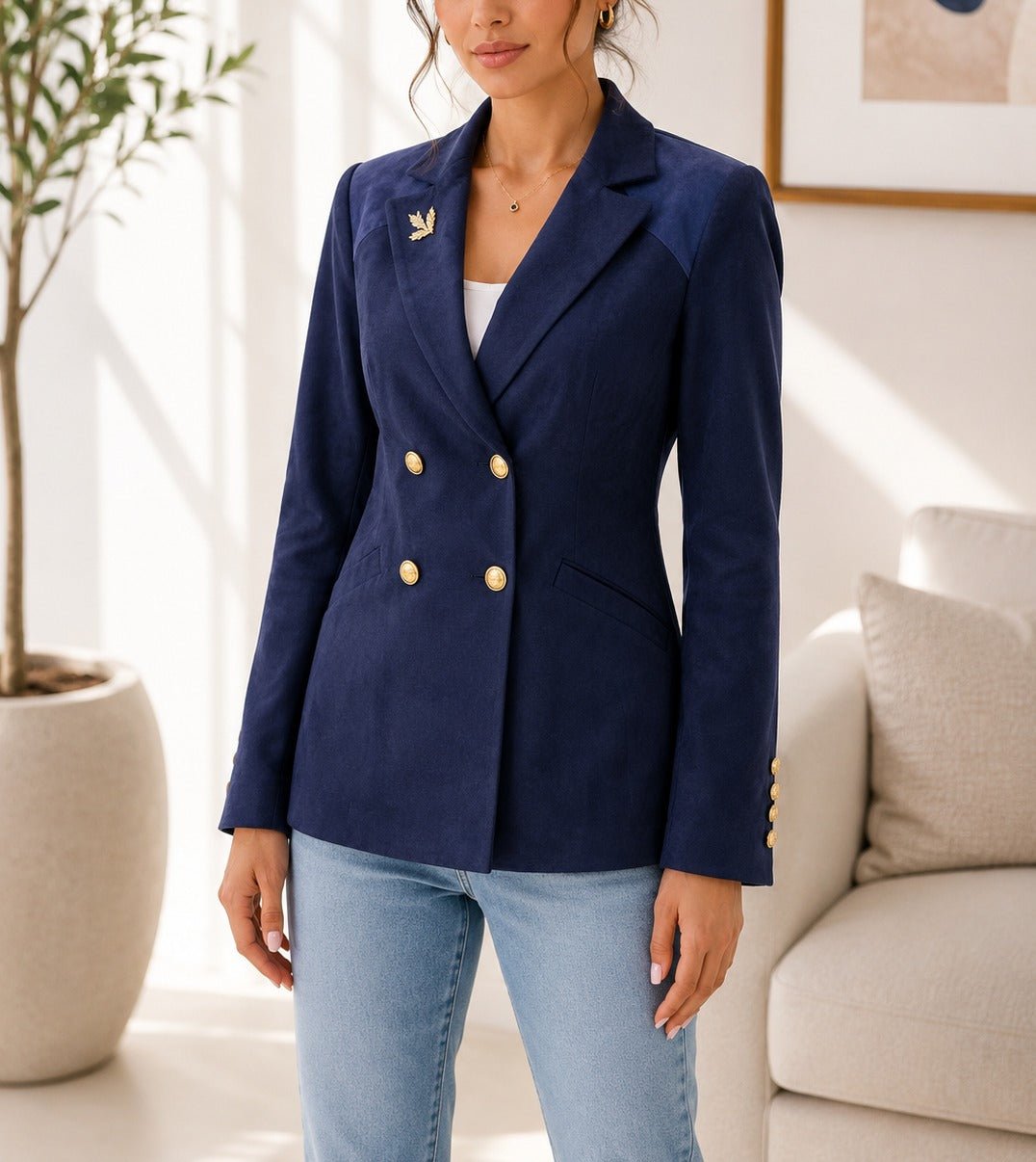 Ladies Navy Brooch Lined Slim Fit Blazer - StylePhase SA