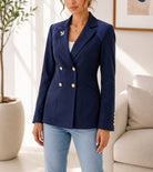 Ladies Navy Brooch Lined Slim Fit Blazer - StylePhase SA