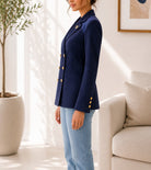 Ladies Navy Brooch Lined Slim Fit Blazer - StylePhase SA