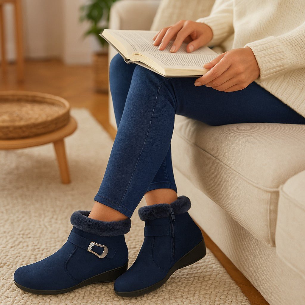Ladies Navy Buckle Ankle Boots - StylePhase SA