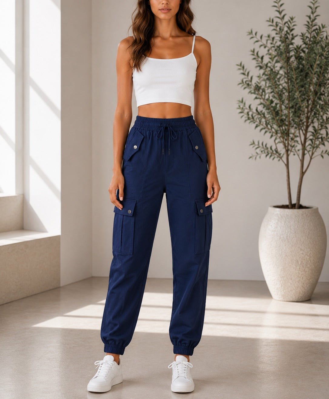 Ladies Navy Button Detail Cargo Pants - StylePhase SA
