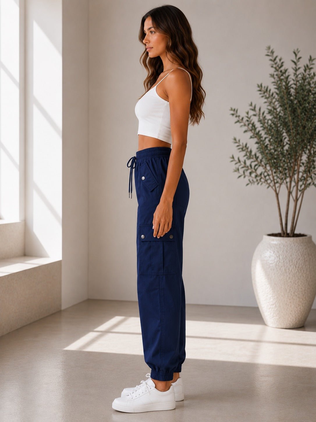 Ladies Navy Button Detail Cargo Pants - StylePhase SA