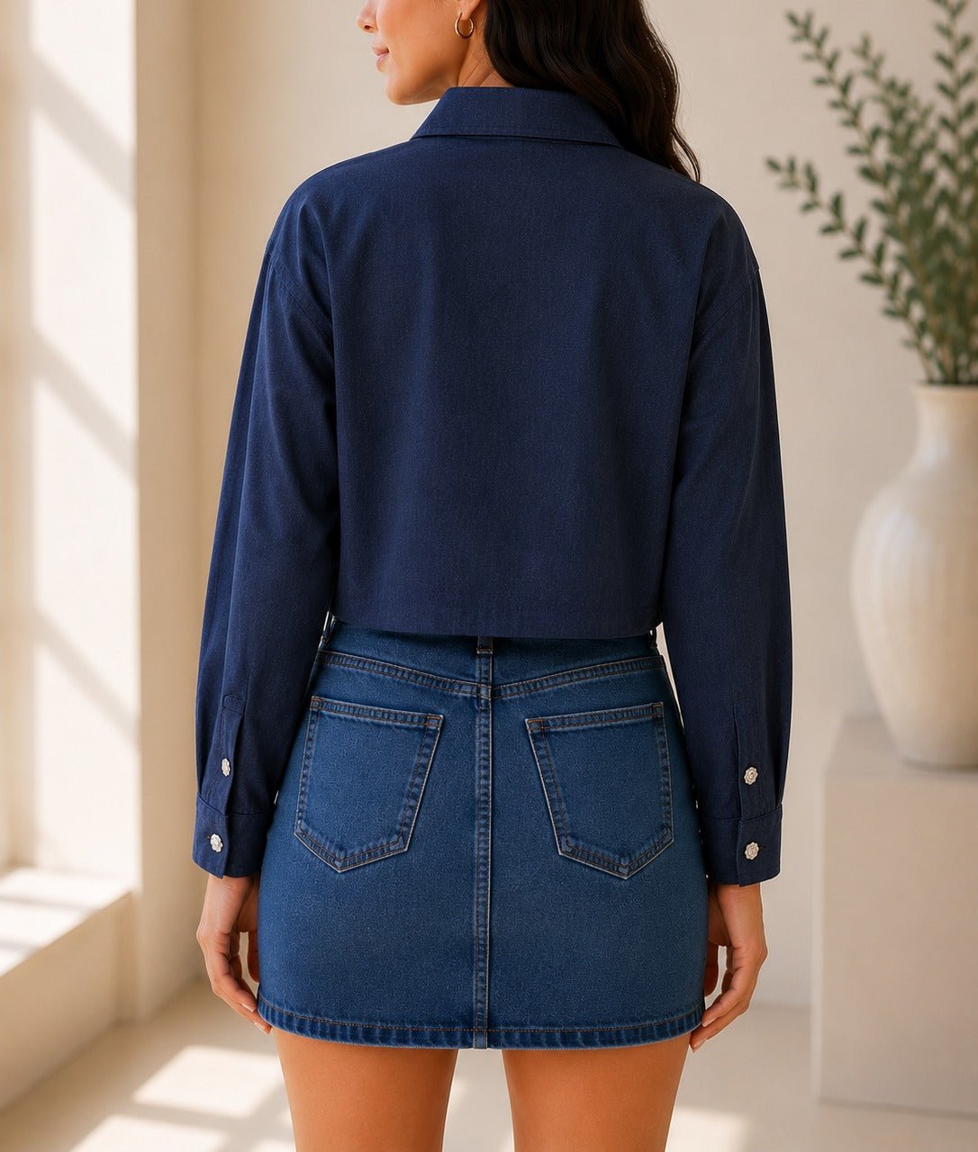 Ladies Navy Button Up Cropped Shirt - StylePhase SA