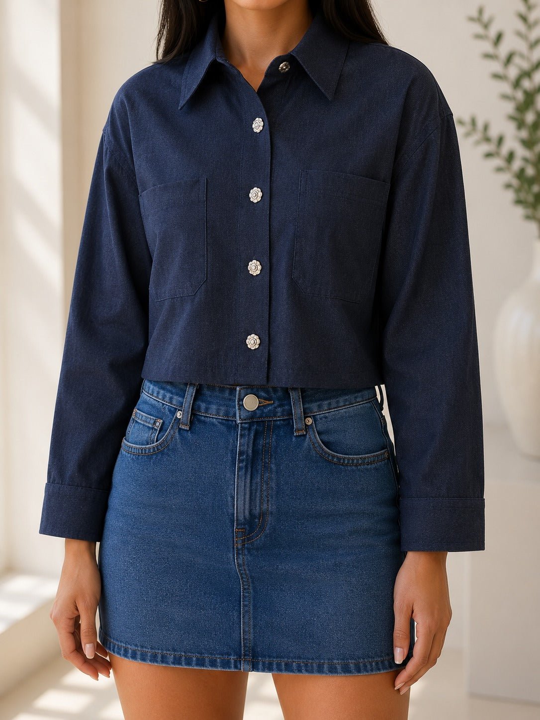 Ladies Navy Button Up Cropped Shirt - StylePhase SA