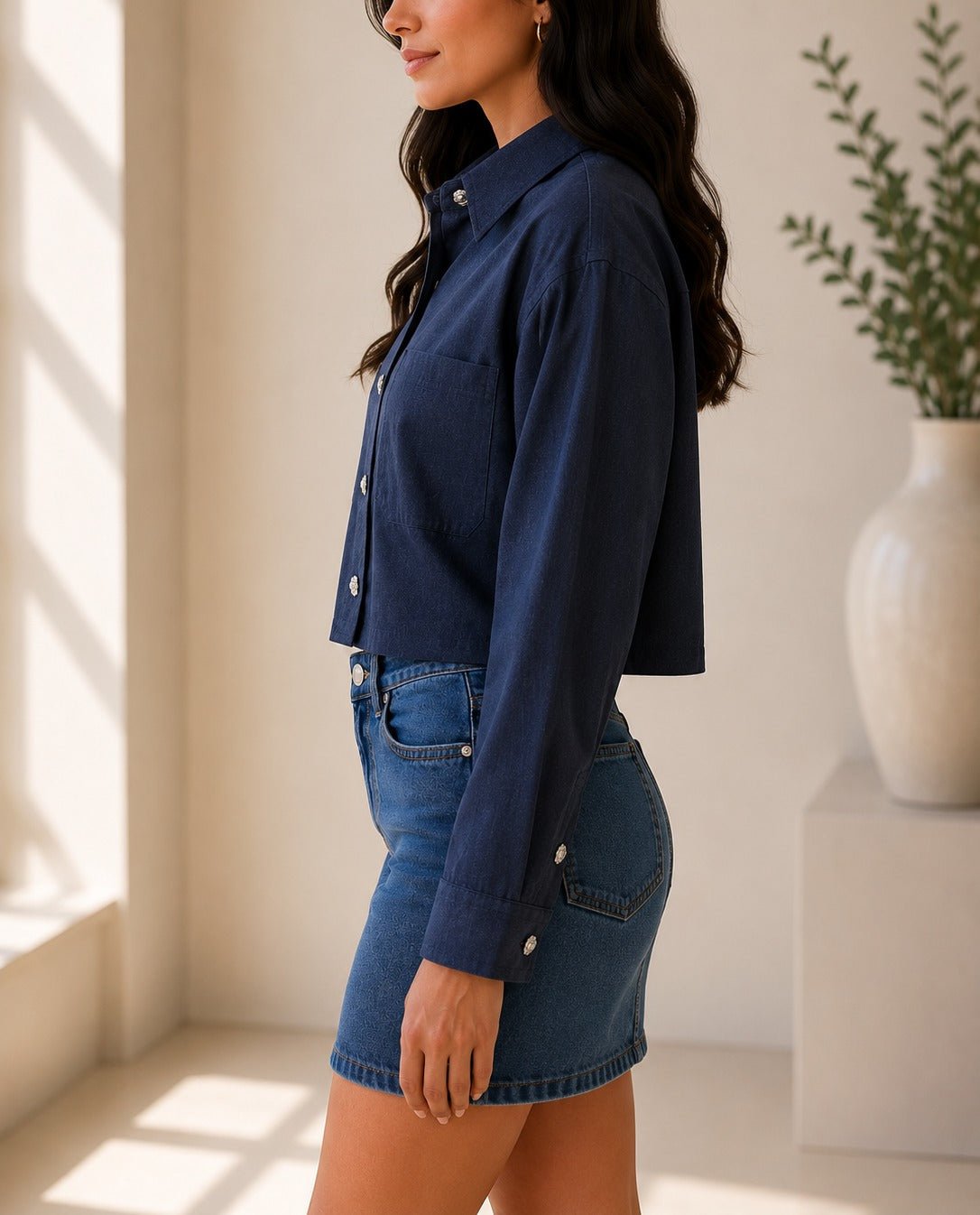 Ladies Navy Button Up Cropped Shirt - StylePhase SA