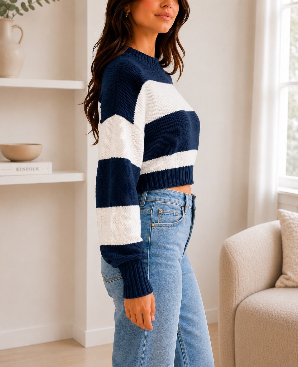 Ladies Navy Crop Stripe Sweater - StylePhase SA