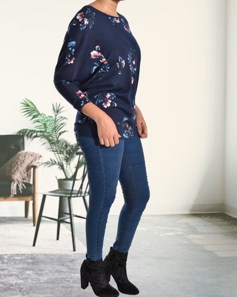 Ladies Navy Floral Batwing Top - StylePhase SA