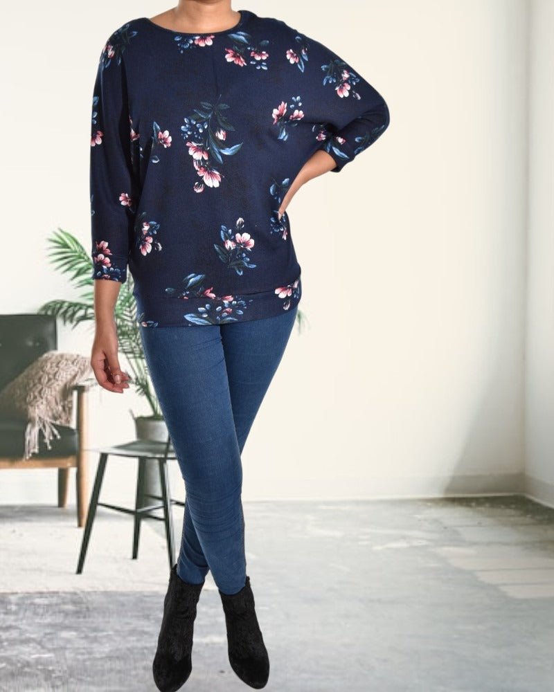 Ladies Navy Floral Batwing Top - StylePhase SA
