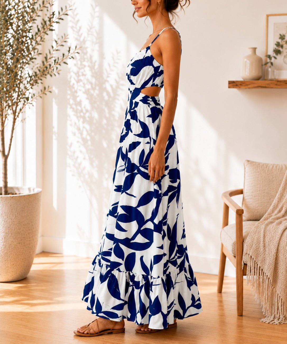 Ladies Navy Floral Cut Out Maxi Dress - StylePhase SA