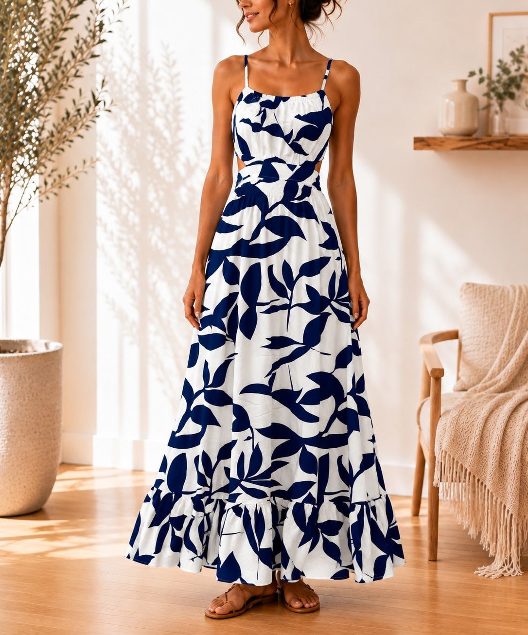 Ladies Navy Floral Cut Out Maxi Dress - StylePhase SA