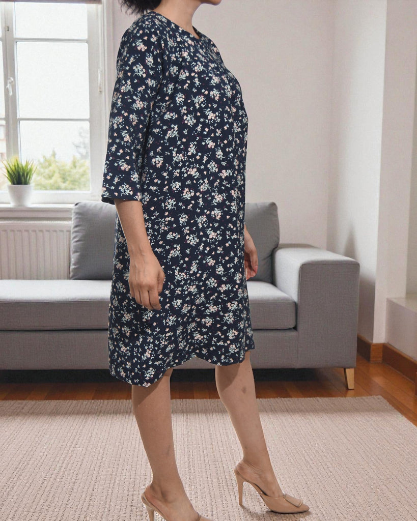 Ladies Navy Floral Multicolor 3/4 Sleeve Dress - StylePhase SA