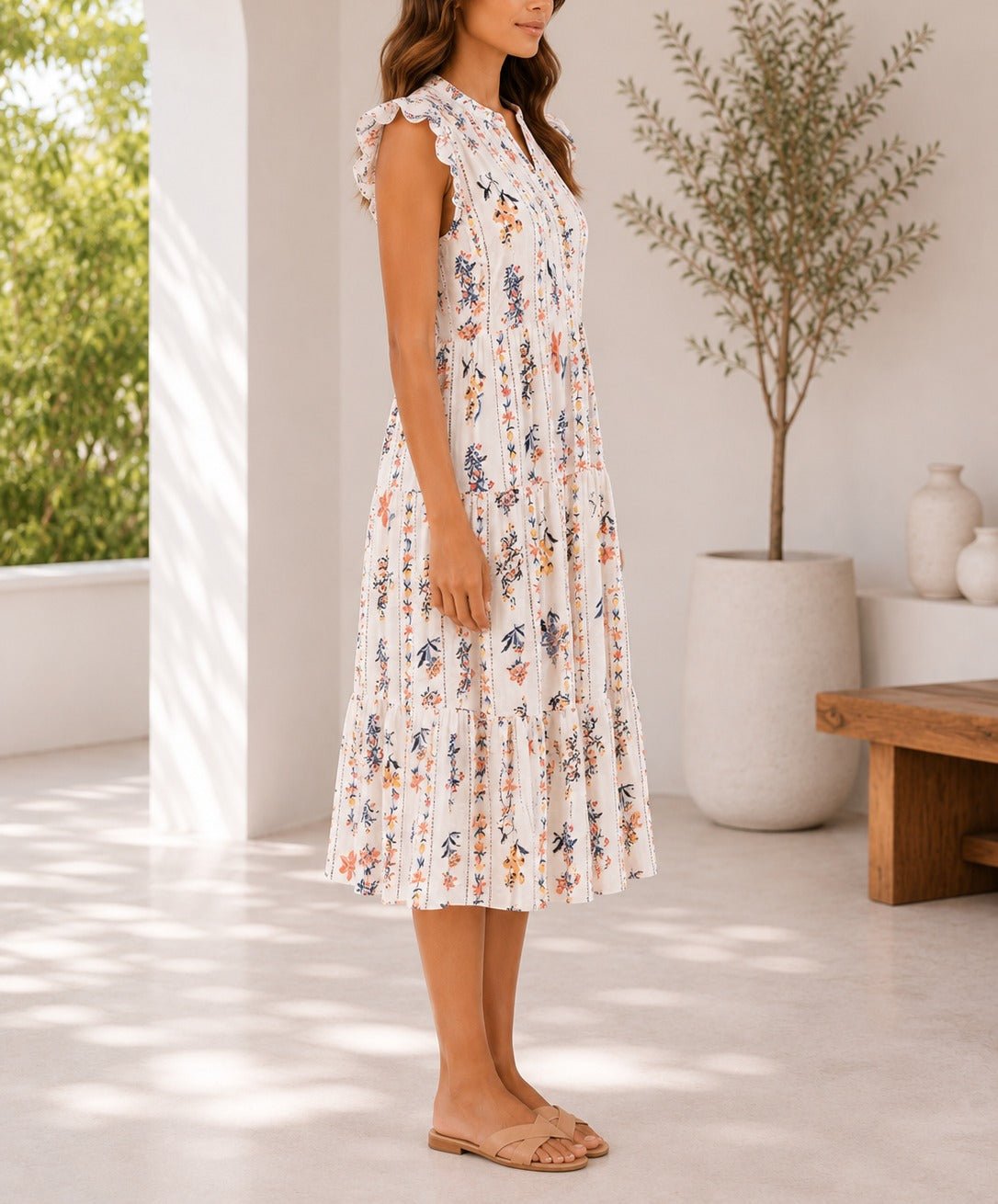 Ladies Navy Floral Notched Neck Ruffel Dress - StylePhase SA