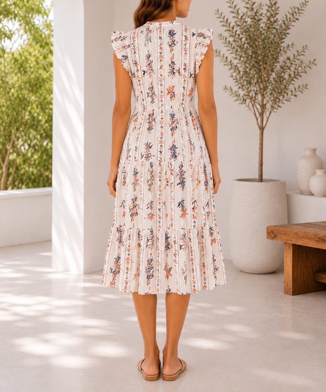 Ladies Navy Floral Notched Neck Ruffel Dress - StylePhase SA