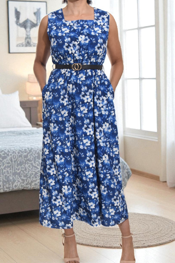 Ladies Navy Floral Pocket Flare Dress (Excl Belt) - StylePhase SA