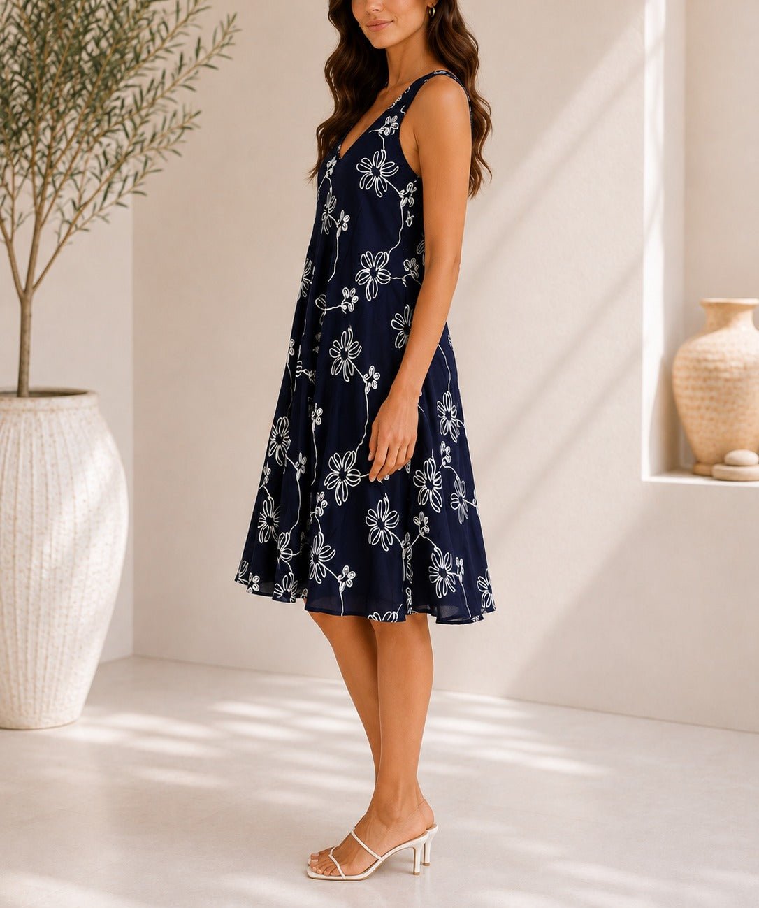 Ladies Navy Floral Print Midi V-Neck Pocket Dress - StylePhase SA