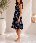 Ladies Navy Floral Print Midi V-Neck Pocket Dress - StylePhase SA
