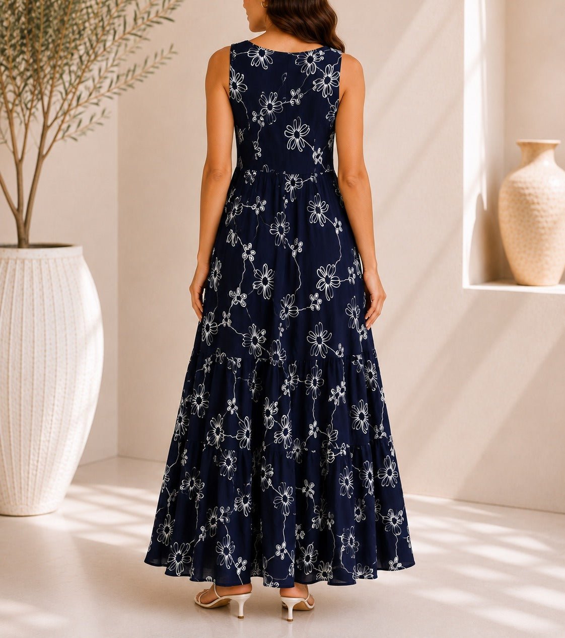 Ladies Navy Floral Print Midi V-Neck Pocket Dress - StylePhase SA