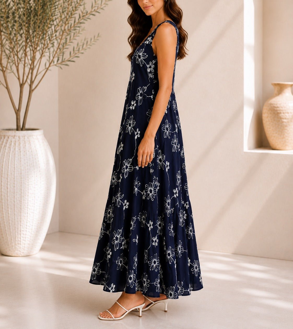 Ladies Navy Floral Print Midi V-Neck Pocket Dress - StylePhase SA