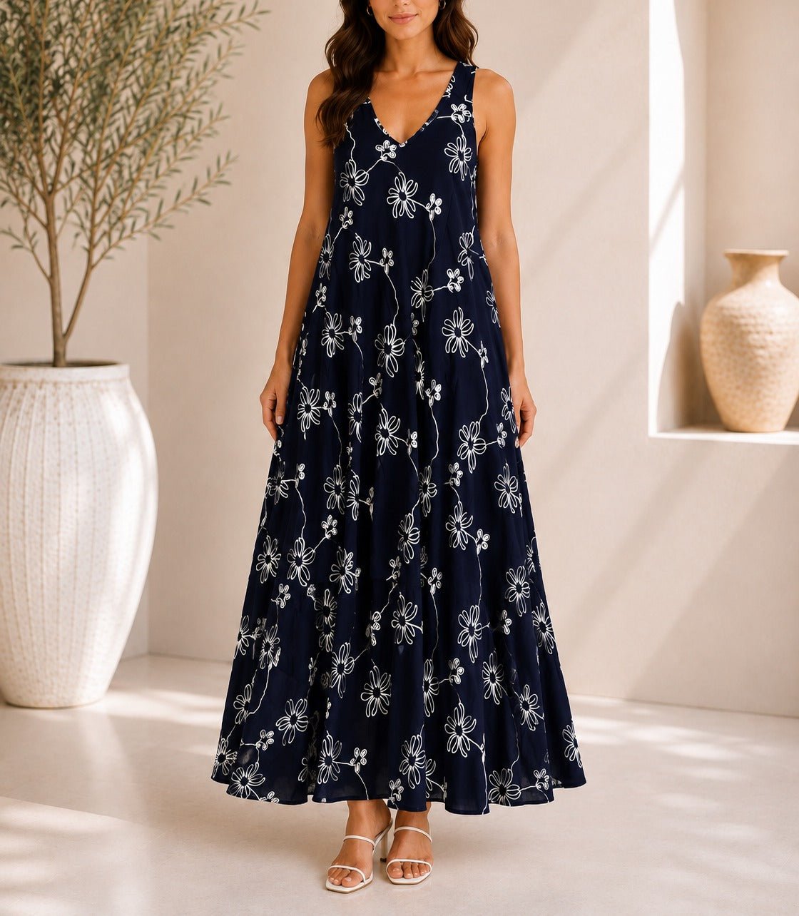 Ladies Navy Floral Print Midi V-Neck Pocket Dress - StylePhase SA