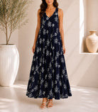Ladies Navy Floral Print Midi V-Neck Pocket Dress - StylePhase SA