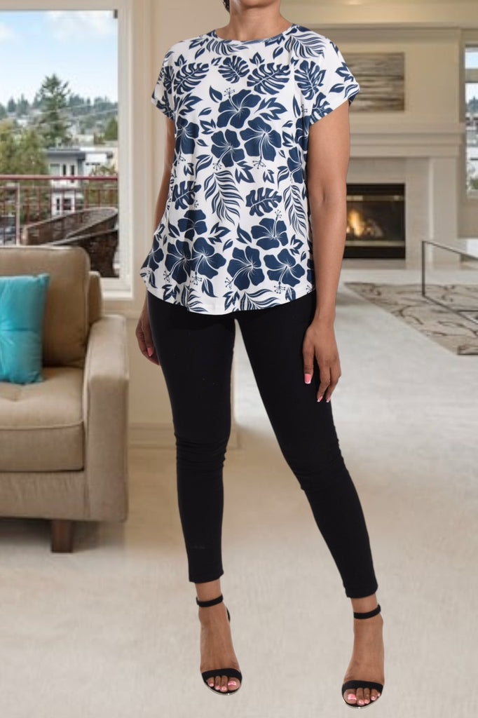 Ladies Navy Floral Printed Knit Top - StylePhase SA