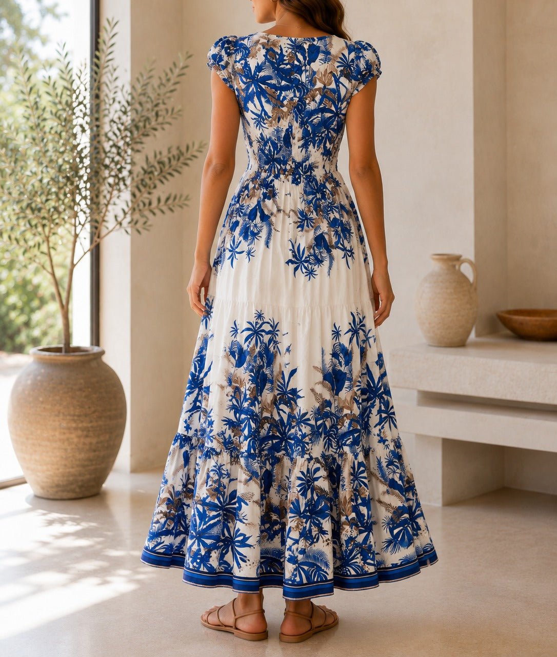 Ladies Navy Floral Smoked Waist Maxi Dress - StylePhase SA