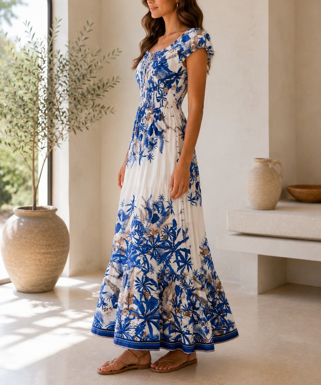 Ladies Navy Floral Smoked Waist Maxi Dress - StylePhase SA