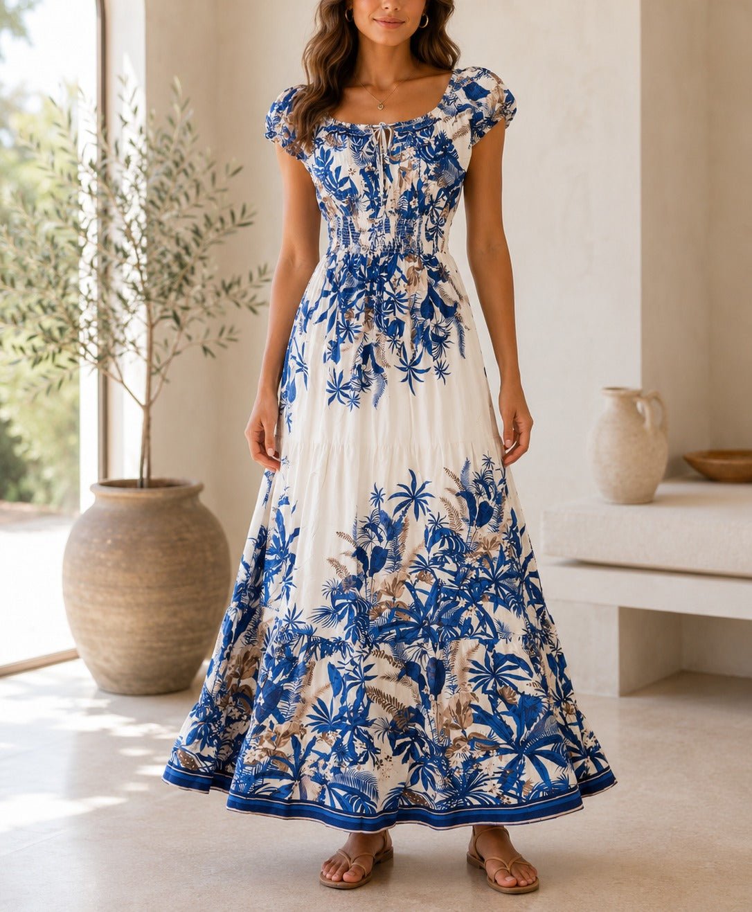 Ladies Navy Floral Smoked Waist Maxi Dress - StylePhase SA
