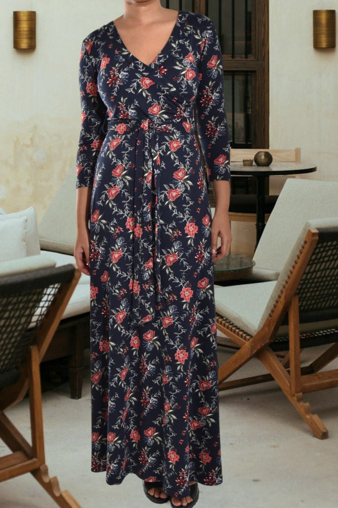 Ladies Navy Floral Tie Maxi Dress - StylePhase SA