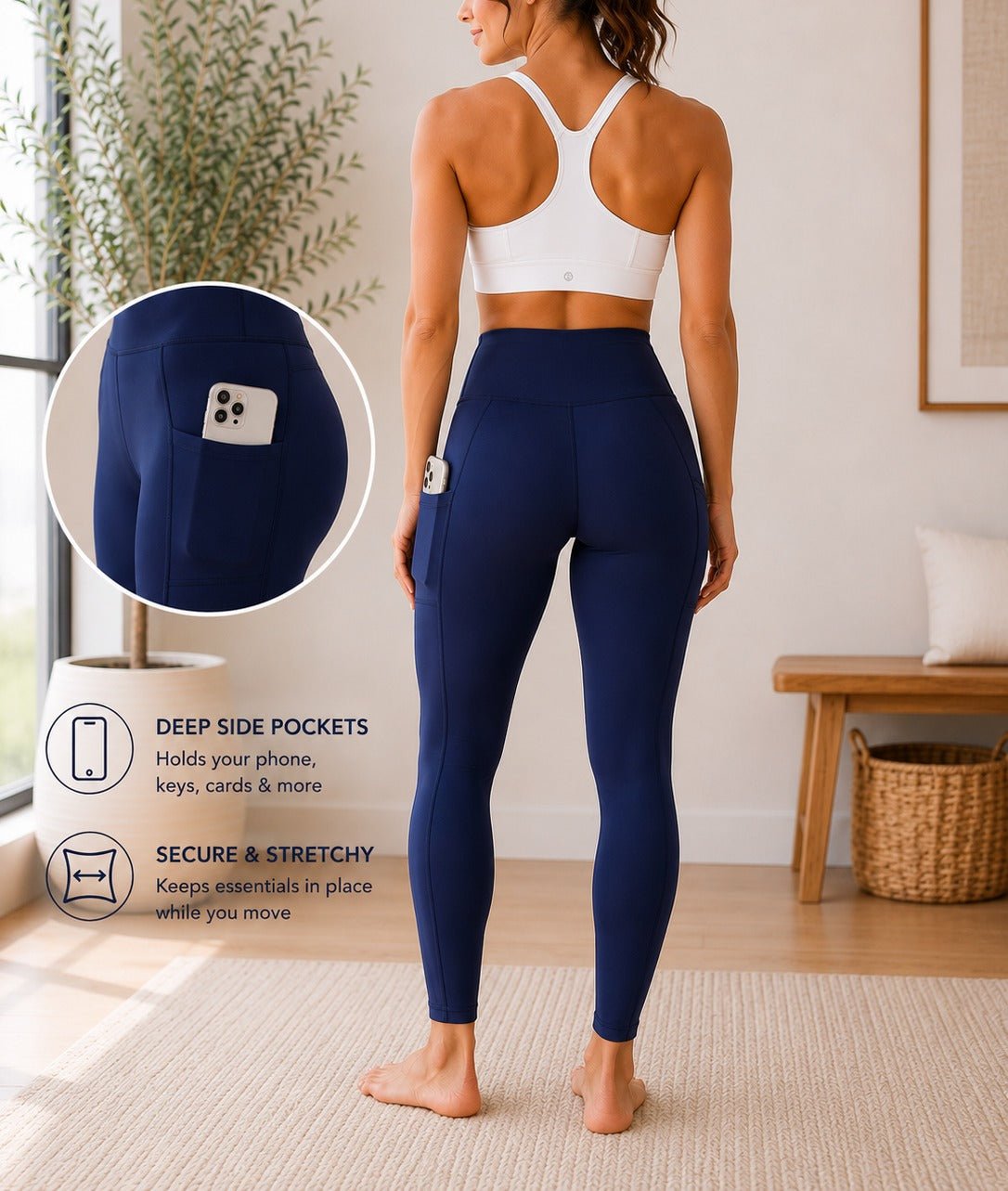 Ladies Navy High-Waist Side Pocket Activewear Leggings - StylePhase SA