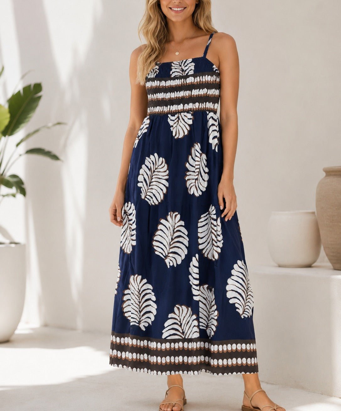Ladies Navy Leaf Print Spaghetti Strap Maxi Dress - StylePhase SA