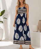 Ladies Navy Leaf Print Spaghetti Strap Maxi Dress - StylePhase SA