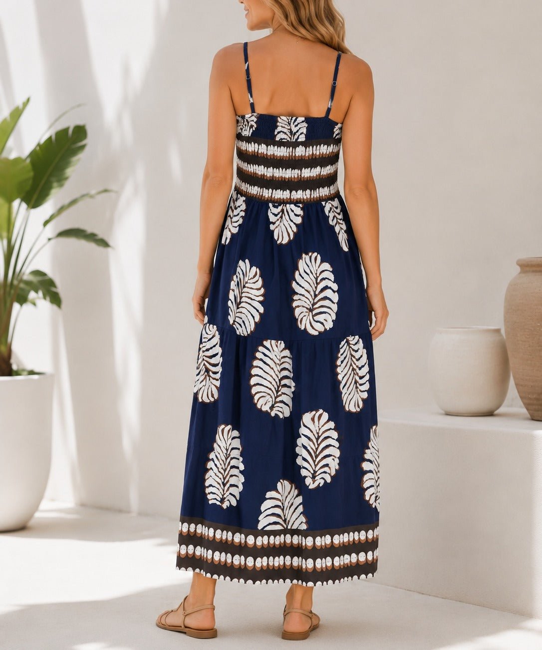 Ladies Navy Leaf Print Spaghetti Strap Maxi Dress - StylePhase SA