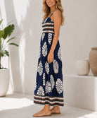 Ladies Navy Leaf Print Spaghetti Strap Maxi Dress - StylePhase SA