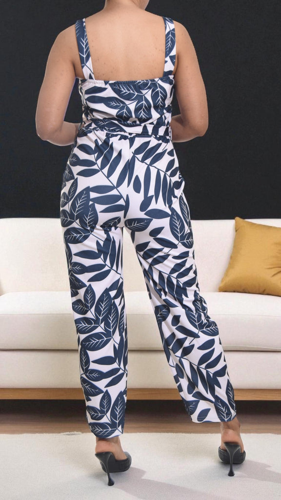 Ladies Navy Leaf Print Tie Front Jumpsuit - StylePhase SA