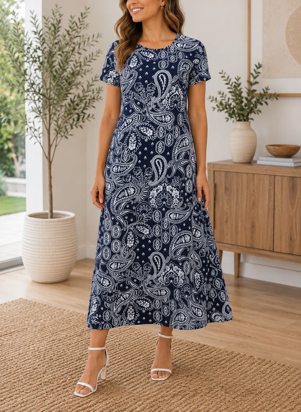 Ladies Navy Paisley Short Sleeve Maxi Dress - StylePhase SA