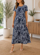 Ladies Navy Paisley Short Sleeve Maxi Dress - StylePhase SA