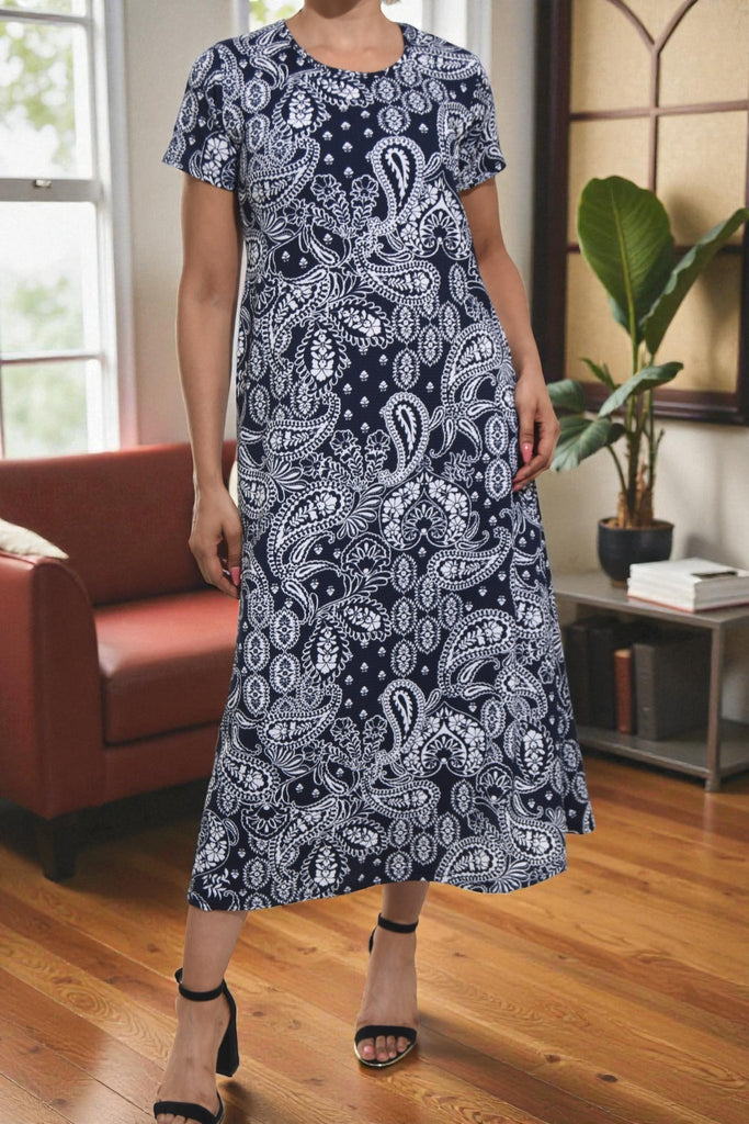 Ladies Navy Paisley Short Sleeve Maxi Dress - StylePhase SA
