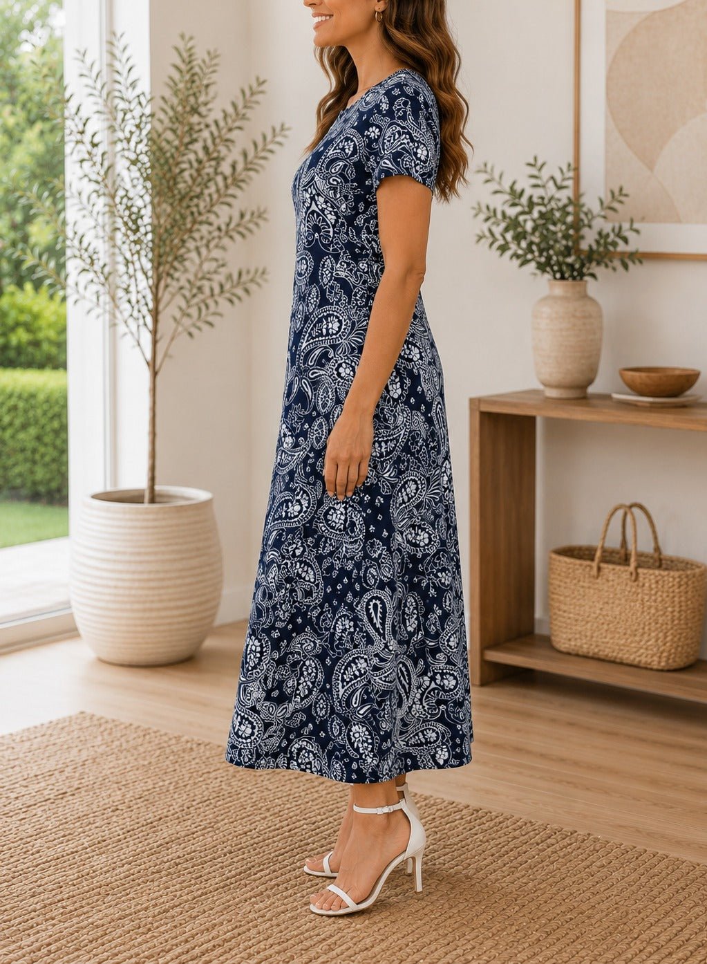 Ladies Navy Paisley Short Sleeve Maxi Dress - StylePhase SA