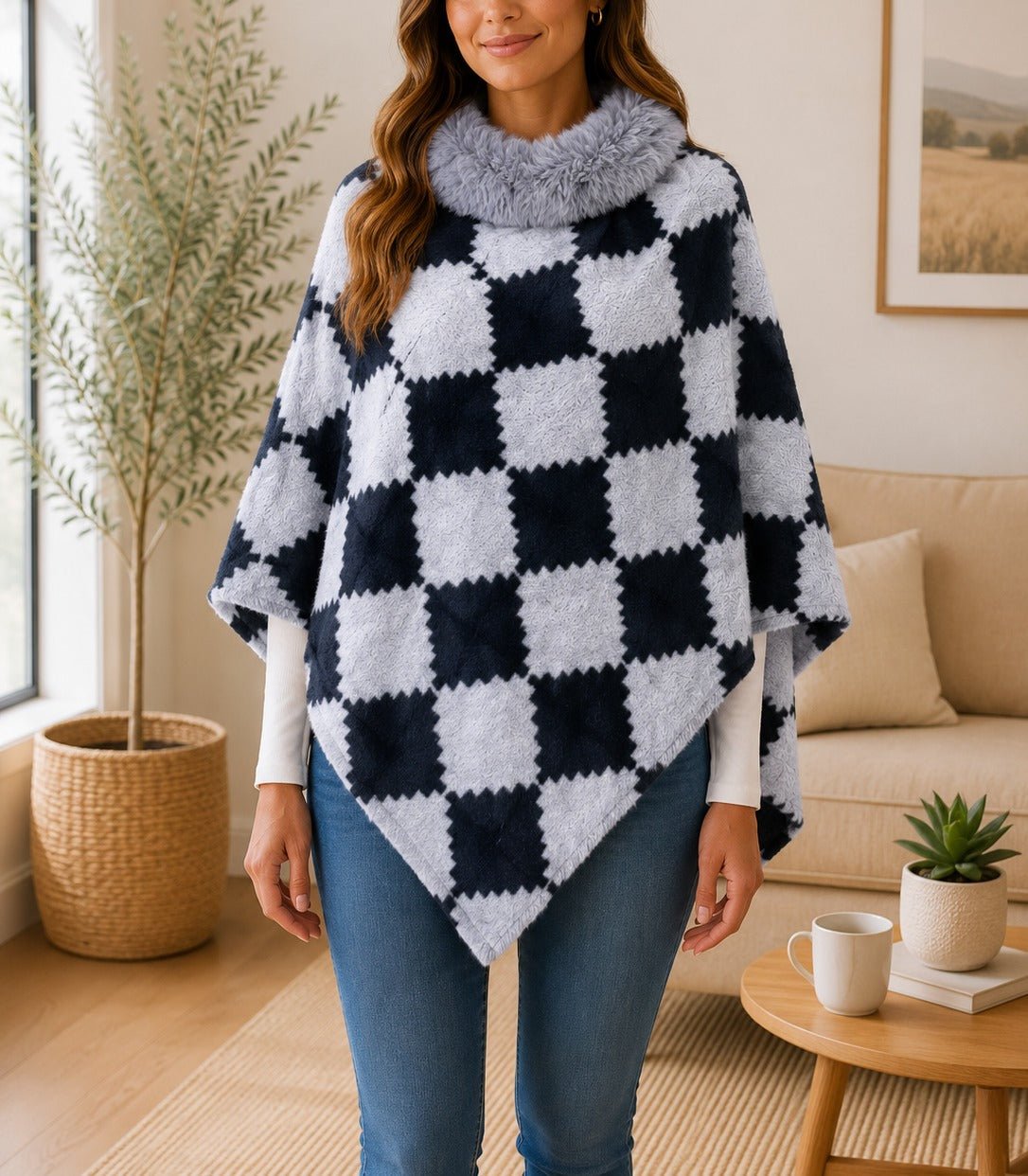 Ladies Navy Pattern Fur Collar Poncho - StylePhase SA