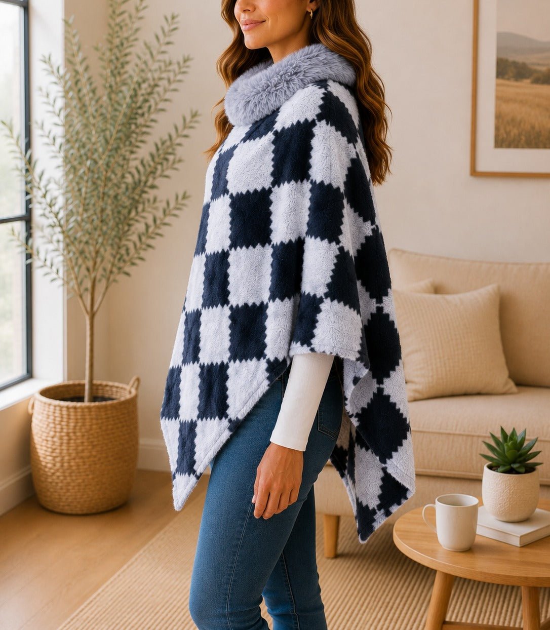 Ladies Navy Pattern Fur Collar Poncho - StylePhase SA