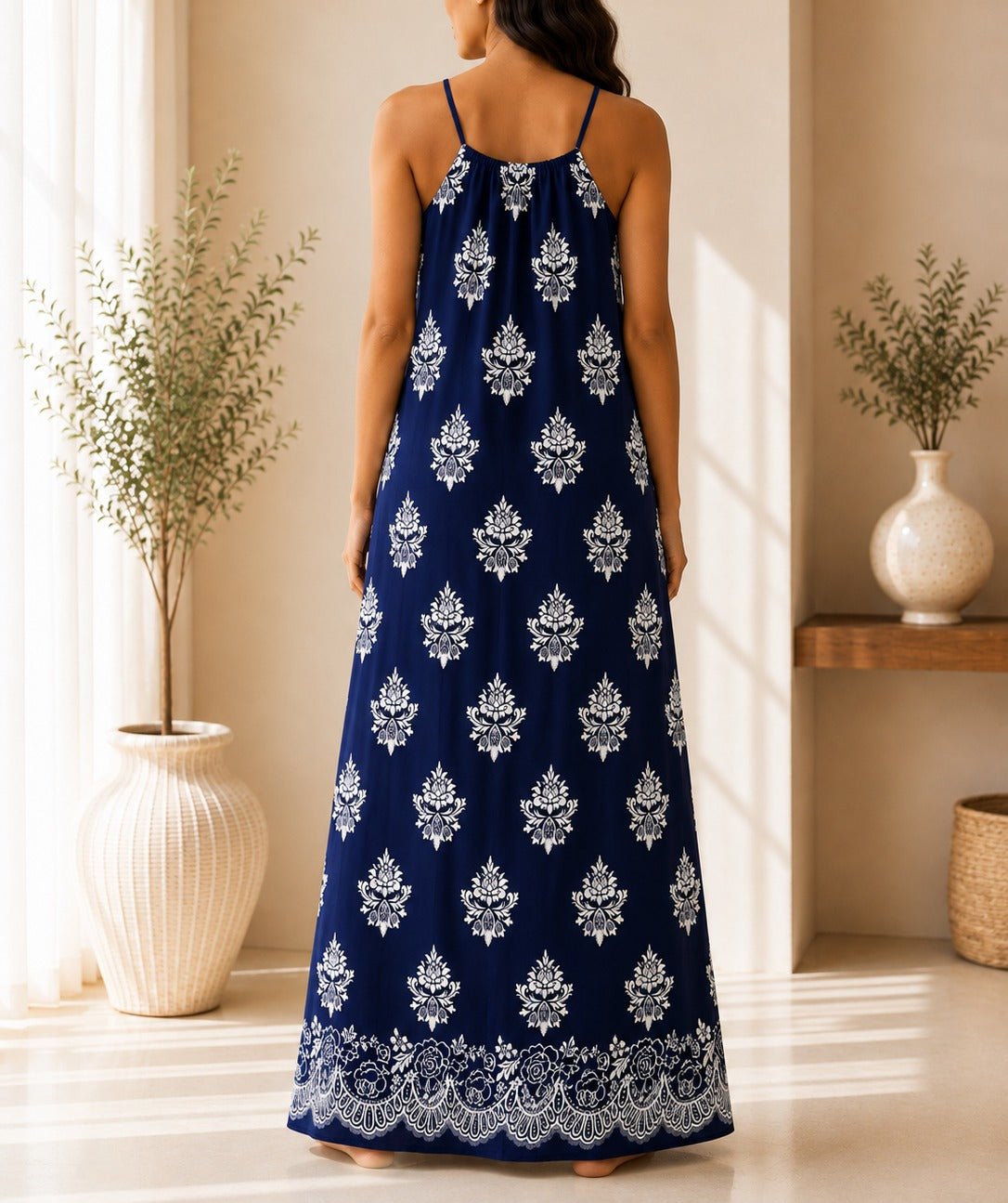 Ladies Navy Patterned Sleeveless Maxi Dress - StylePhase SA